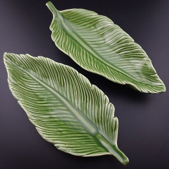 Other - Green Leaf Glazed Ceramic‎ Dishes, Set of 2, trinket tray candy nuts fall leaves